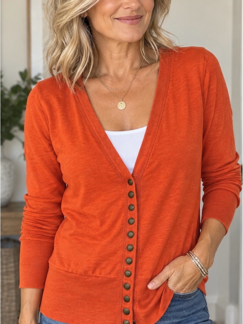 Color Story Fall Burnt Orange Snap Front Cardigan Sweater Size L